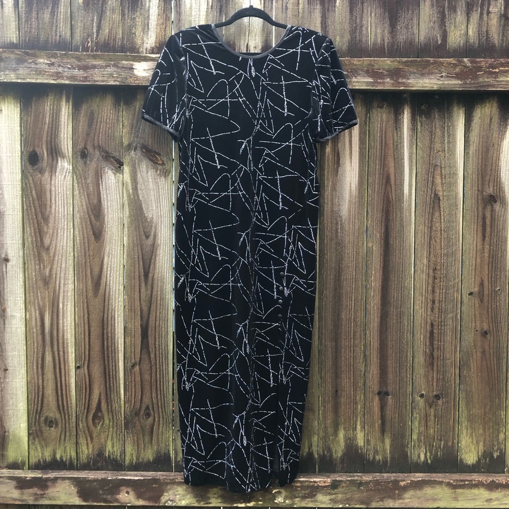 Vintage Velvet Midi Dress Another Thyme Glitter Glam Cheongsam Short Sleeves
